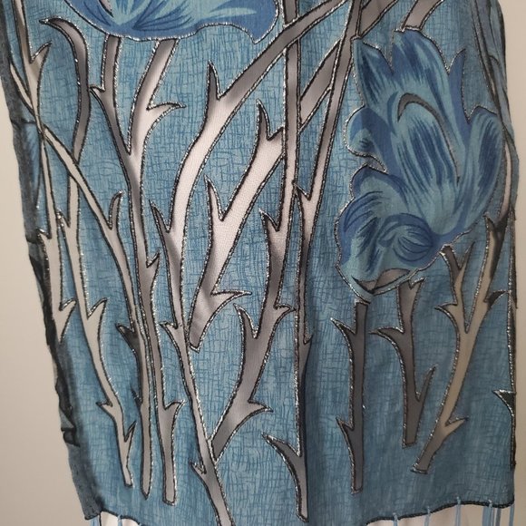 Vintage Burnout Fringe Scarf Black & Blue Floral Vines Whimsigoth Boho Evening - Picture 5 of 6